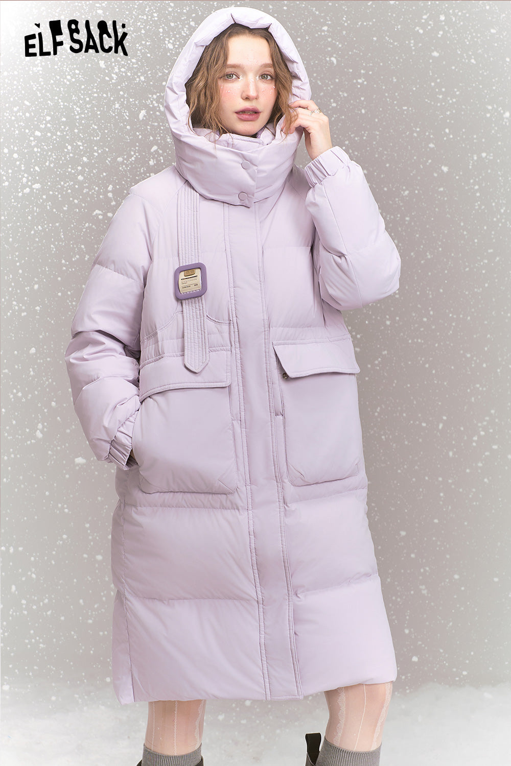 ELFSACK Fashionable loose contrast color mid-length hooded warm down jacket