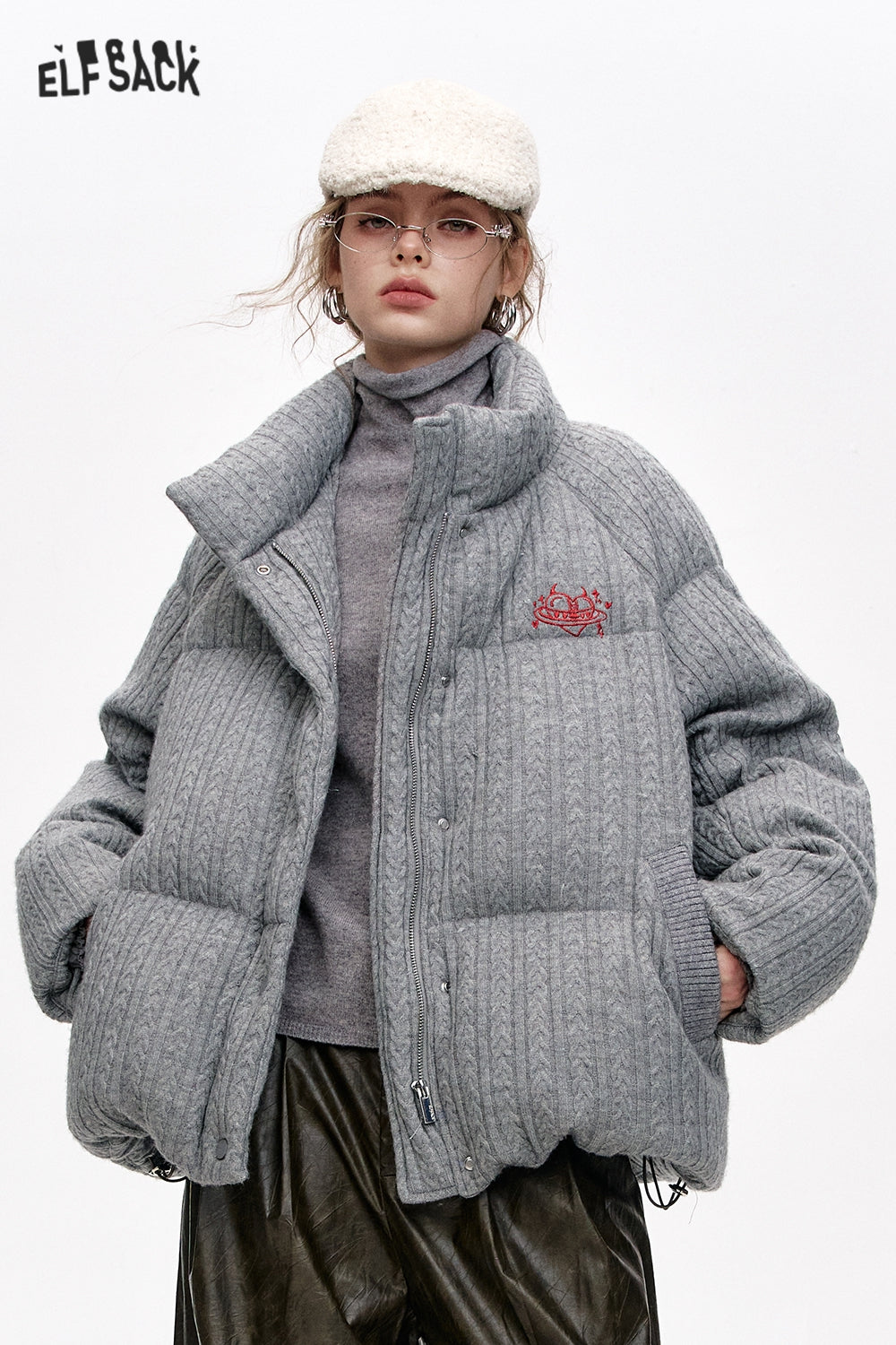 ELFSACK Grey Stand Collar Knitted Warm Short Down Jacket