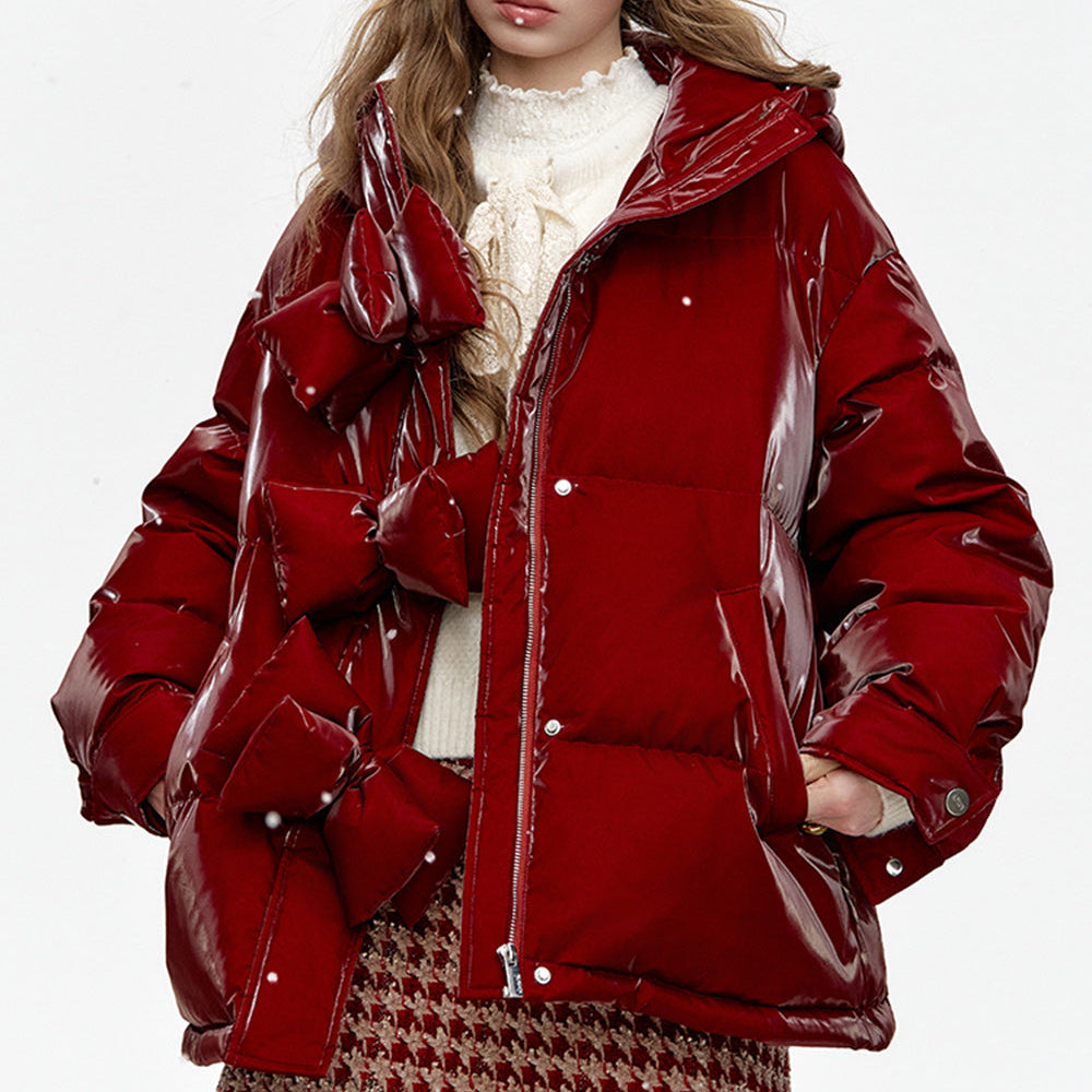 
                  
                    ELFSACK 2024 Winter New Arrivals Hooded Bow Button Short Down Jacket Women
                  
                