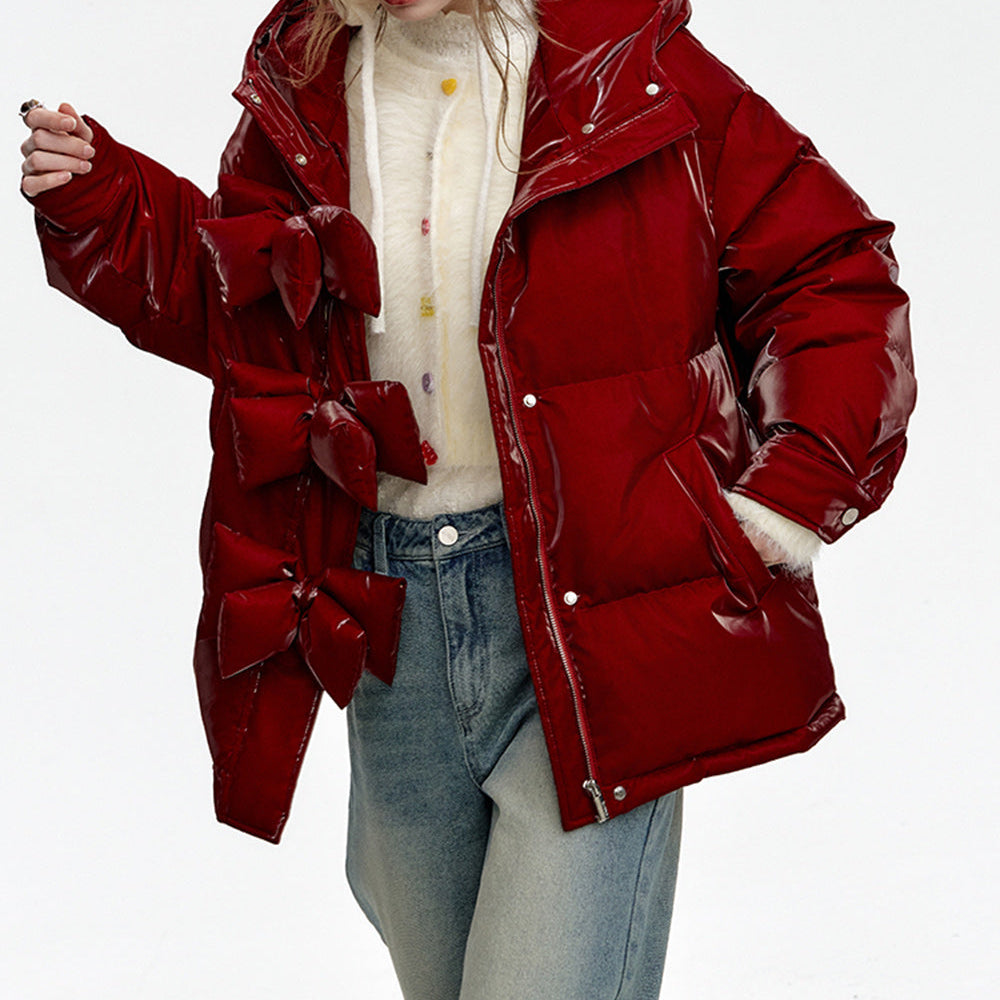 
                  
                    ELFSACK 2024 Winter New Arrivals Hooded Bow Button Short Down Jacket Women
                  
                