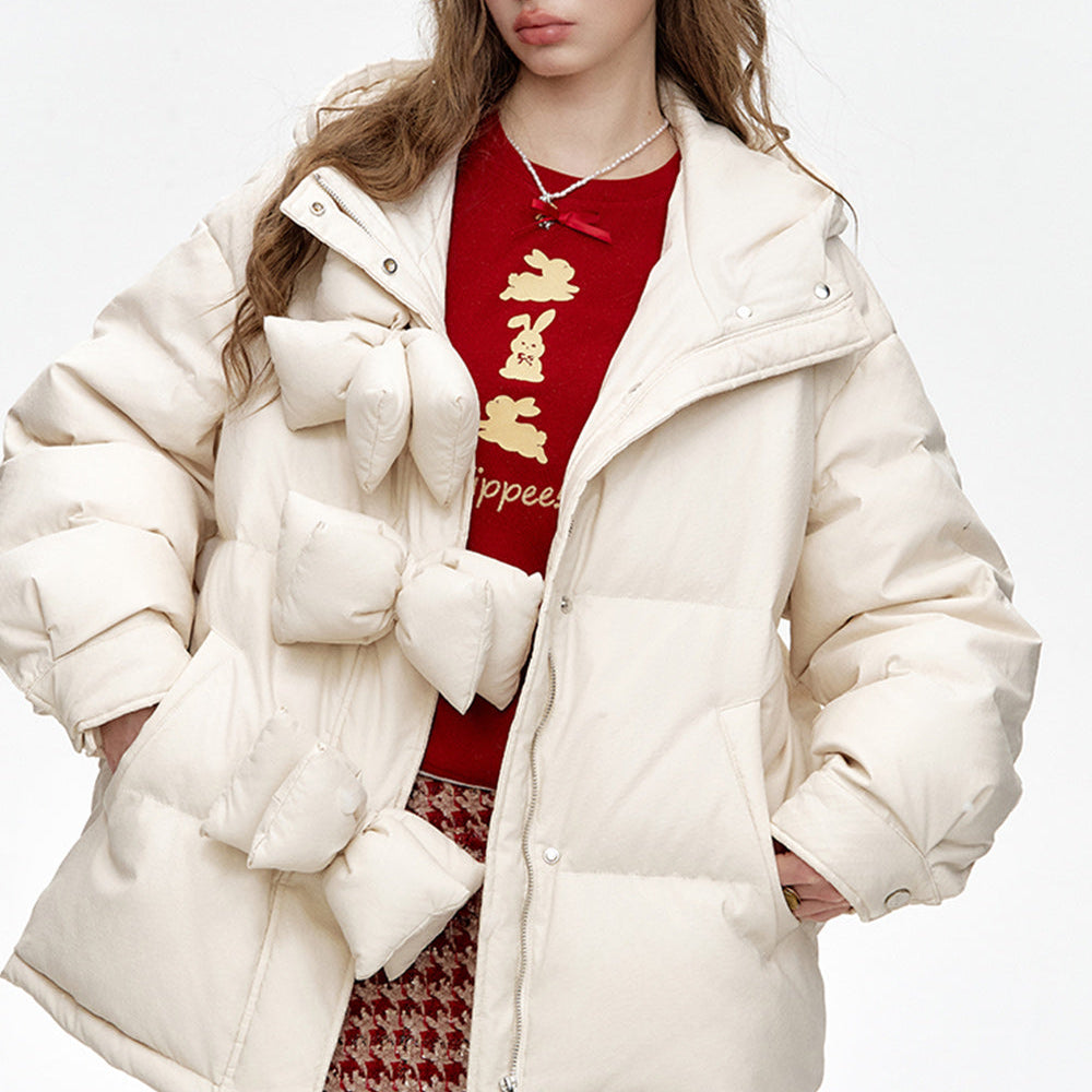 ELFSACK 2024 Winter New Arrivals Hooded Bow Button Short Down Jacket Women