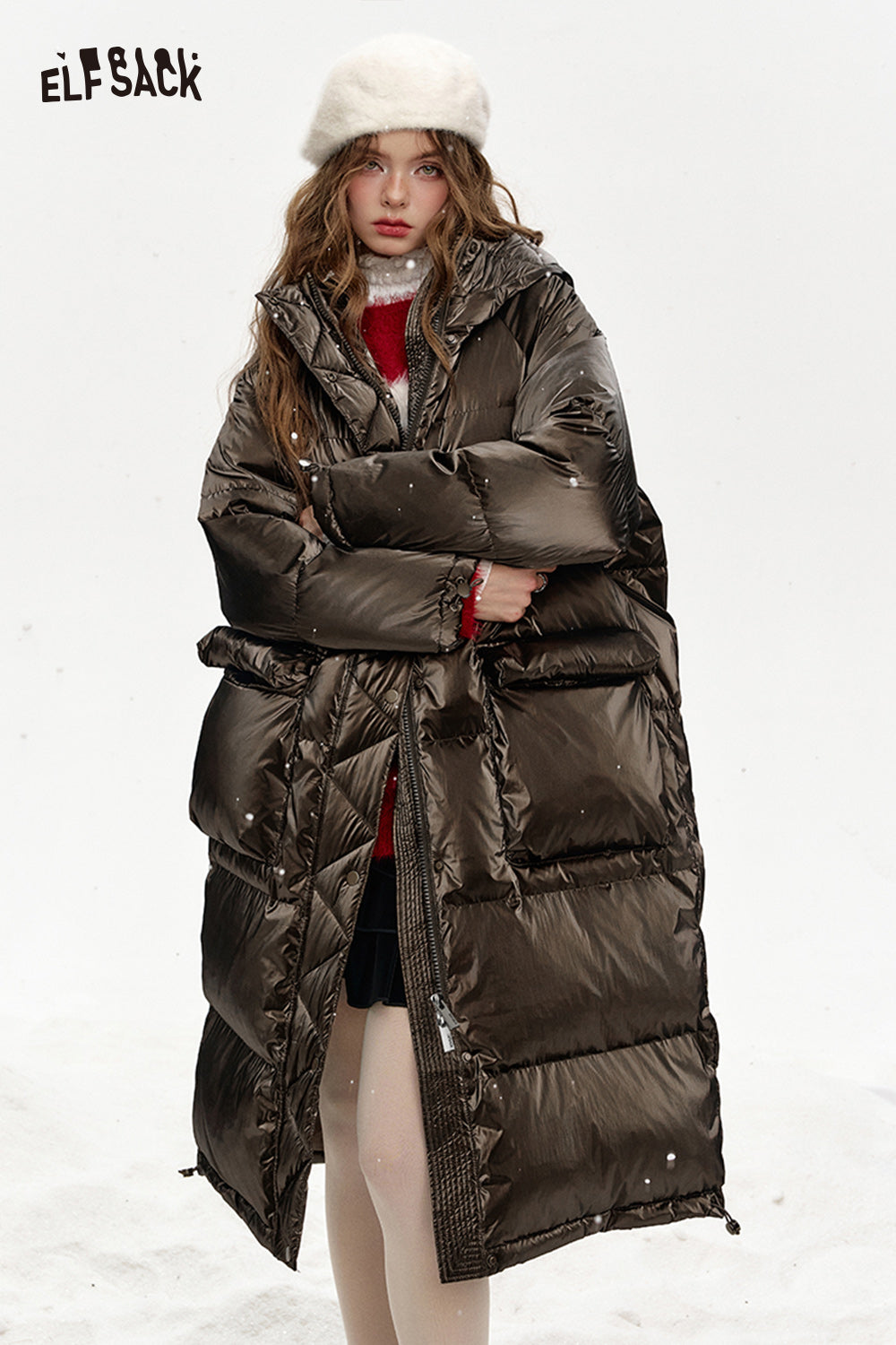 ELFSACK Hooded drawstring pockets long down jacket
