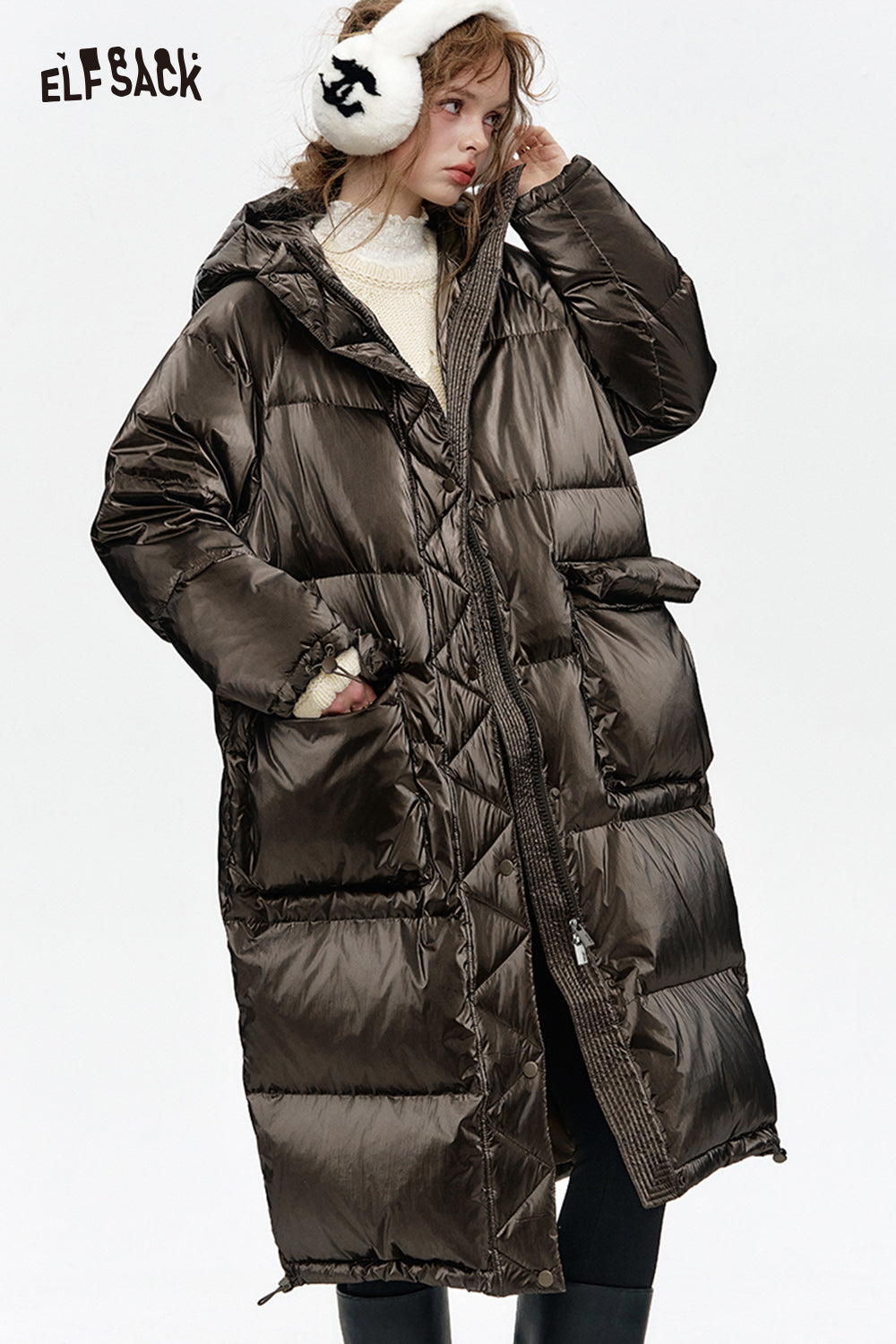 ELFSACK Hooded drawstring pockets long down jacket