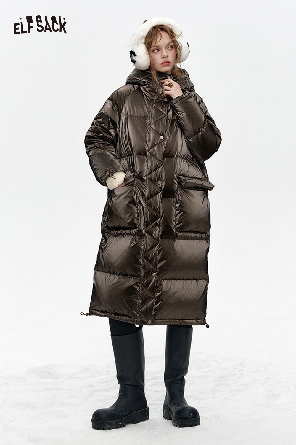 ELFSACK Hooded drawstring pockets long down jacket