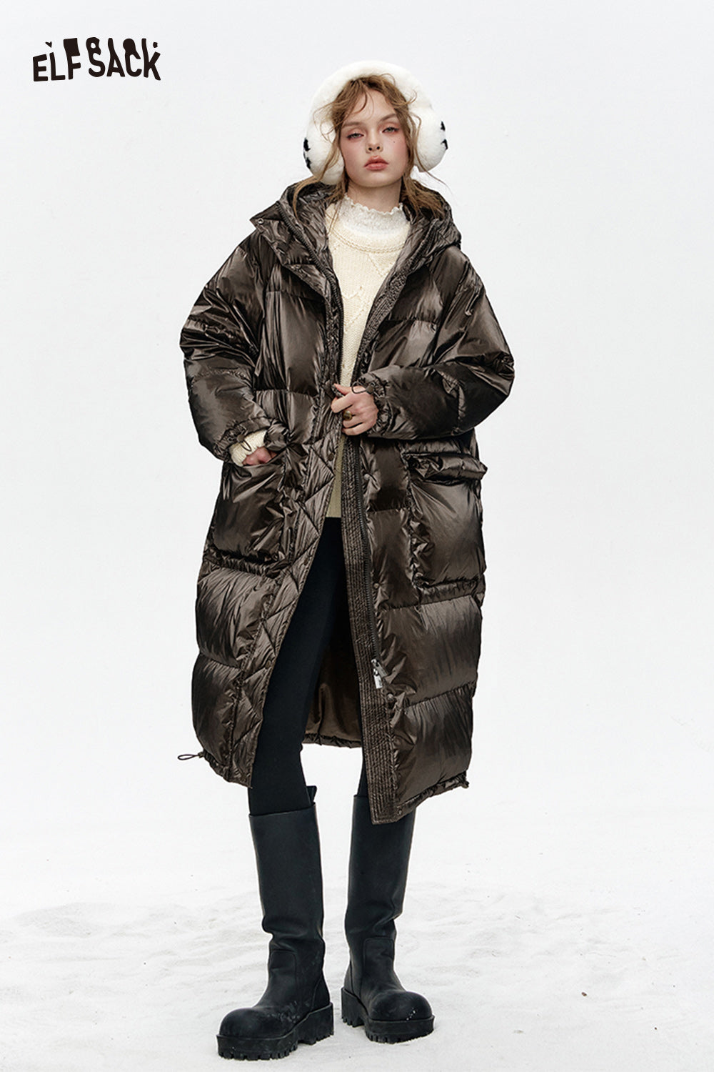 ELFSACK Hooded drawstring pockets long down jacket