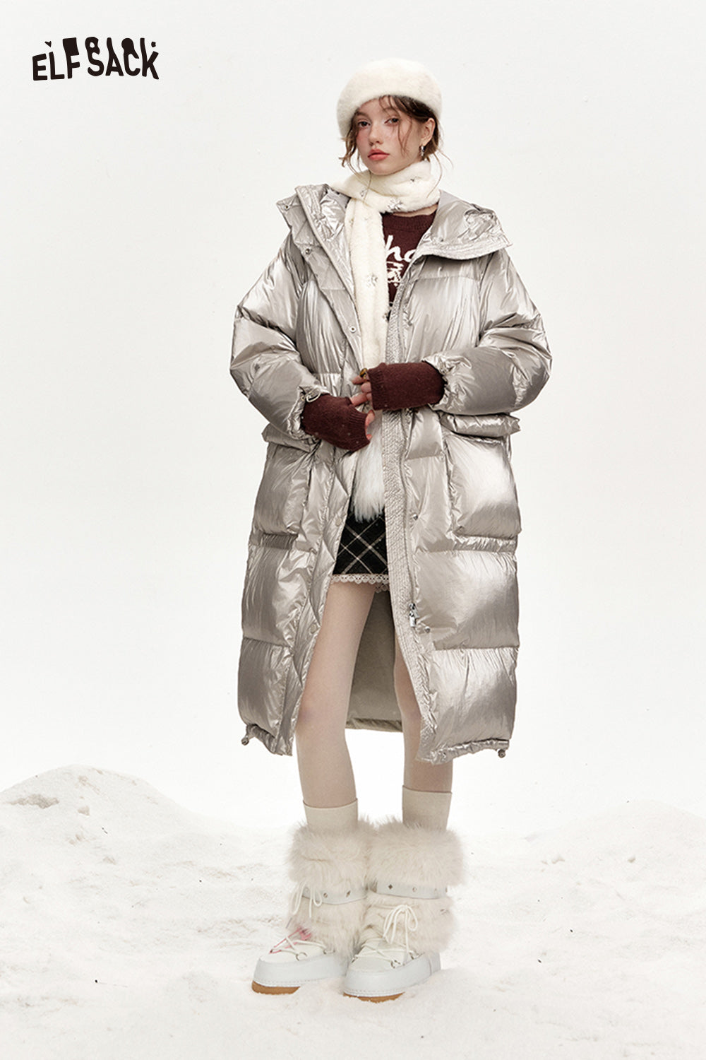 ELFSACK Hooded drawstring pockets long down jacket