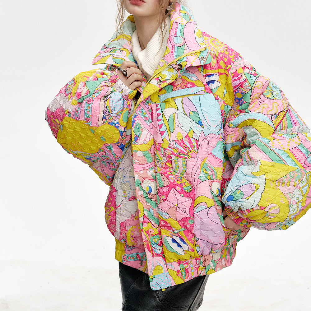 ELFSACK 2024 Winter New Arrivals Stand collar loose full printed short down jacket for women