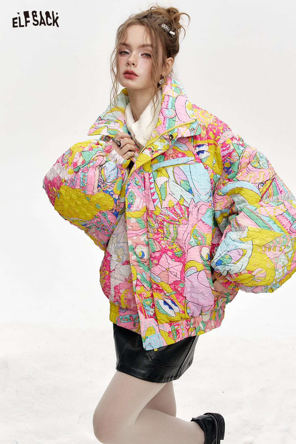 ELFSACK Stand collar loose full printed short down jacket