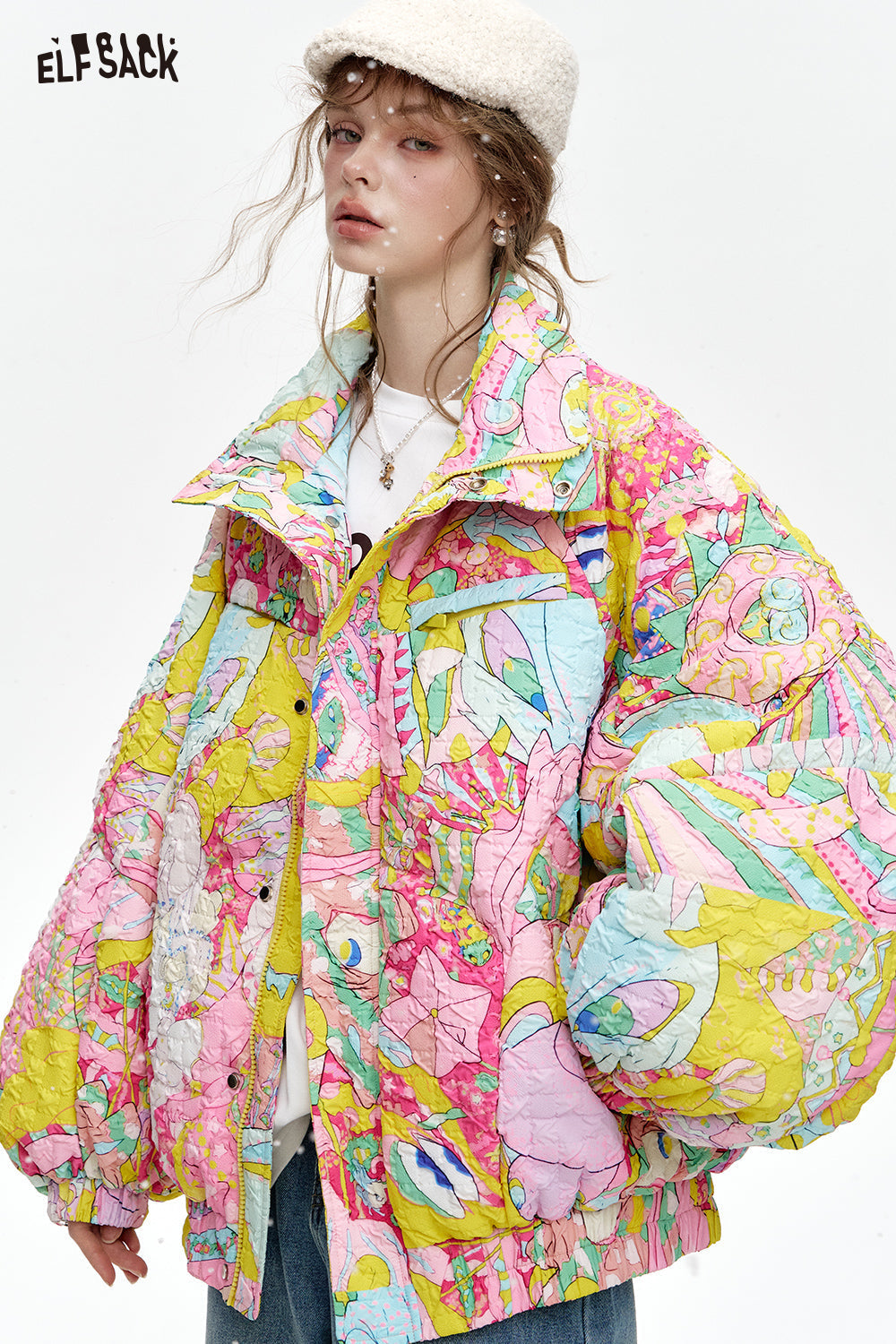 ELFSACK Stand collar loose full printed short down jacket