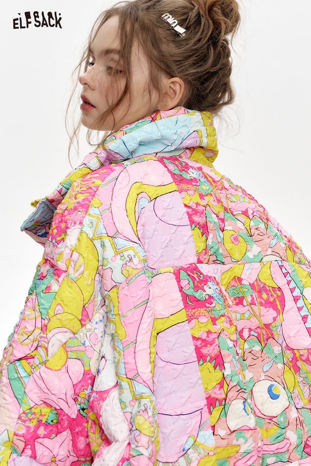 ELFSACK Stand collar loose full printed short down jacket