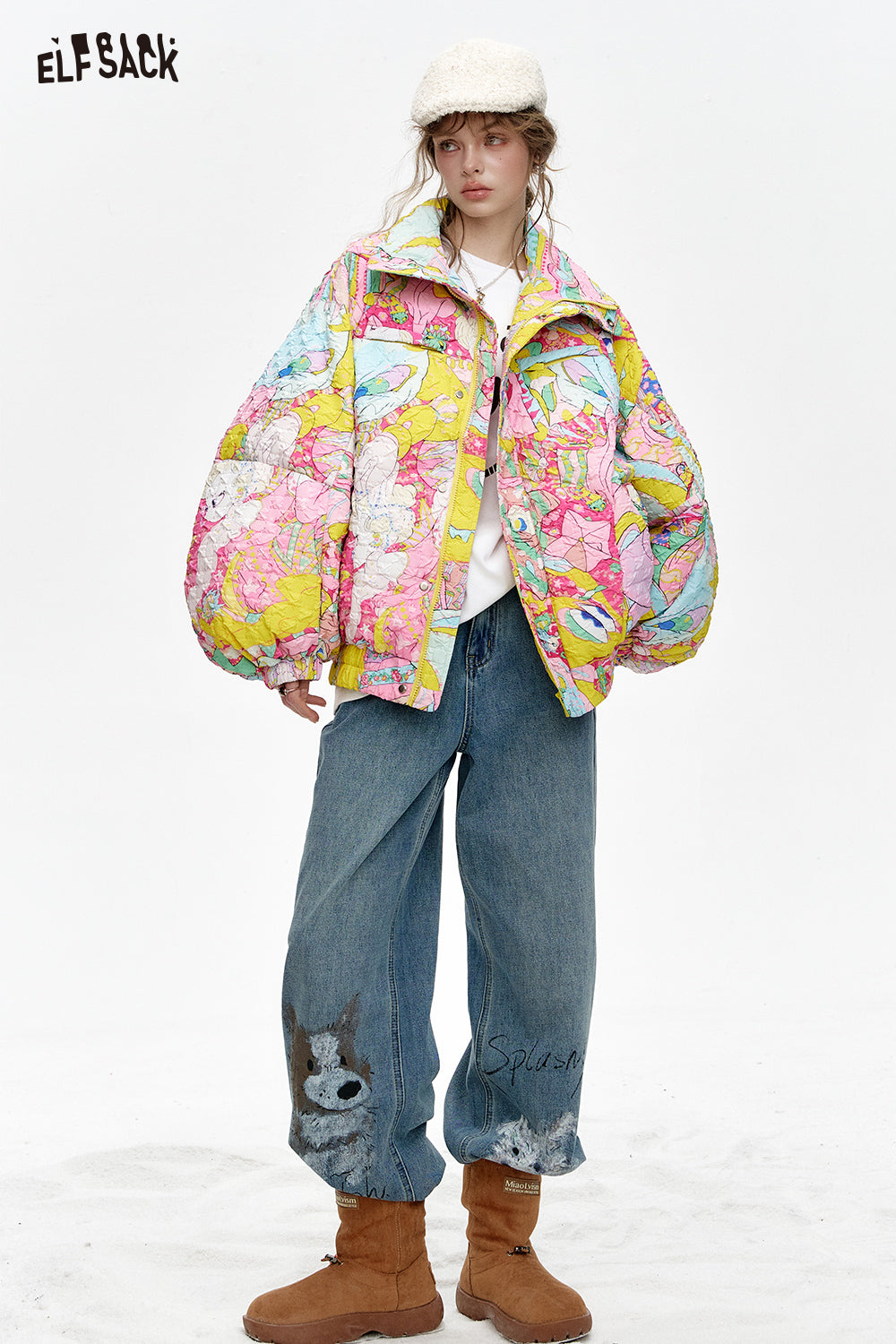 ELFSACK Stand collar loose full printed short down jacket