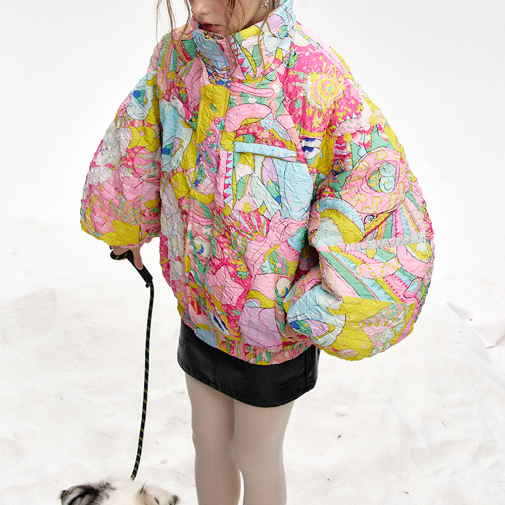 
                  
                    ELFSACK 2024 Winter New Arrivals Stand collar loose full printed short down jacket for women
                  
                