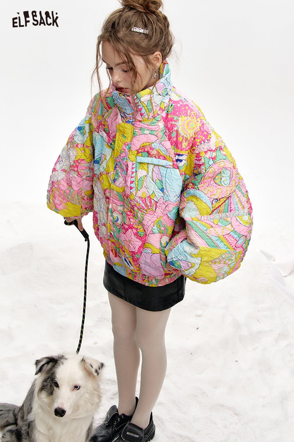 ELFSACK Stand collar loose full printed short down jacket