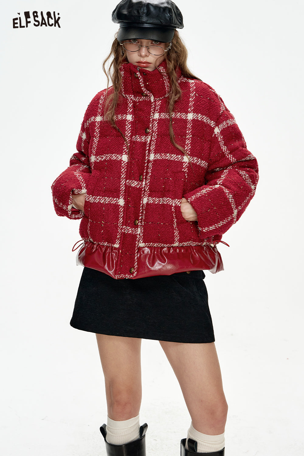 ELFSACK Year's Red Plaid PU Splicing Zipper Drawstring Short Down Jacket Women