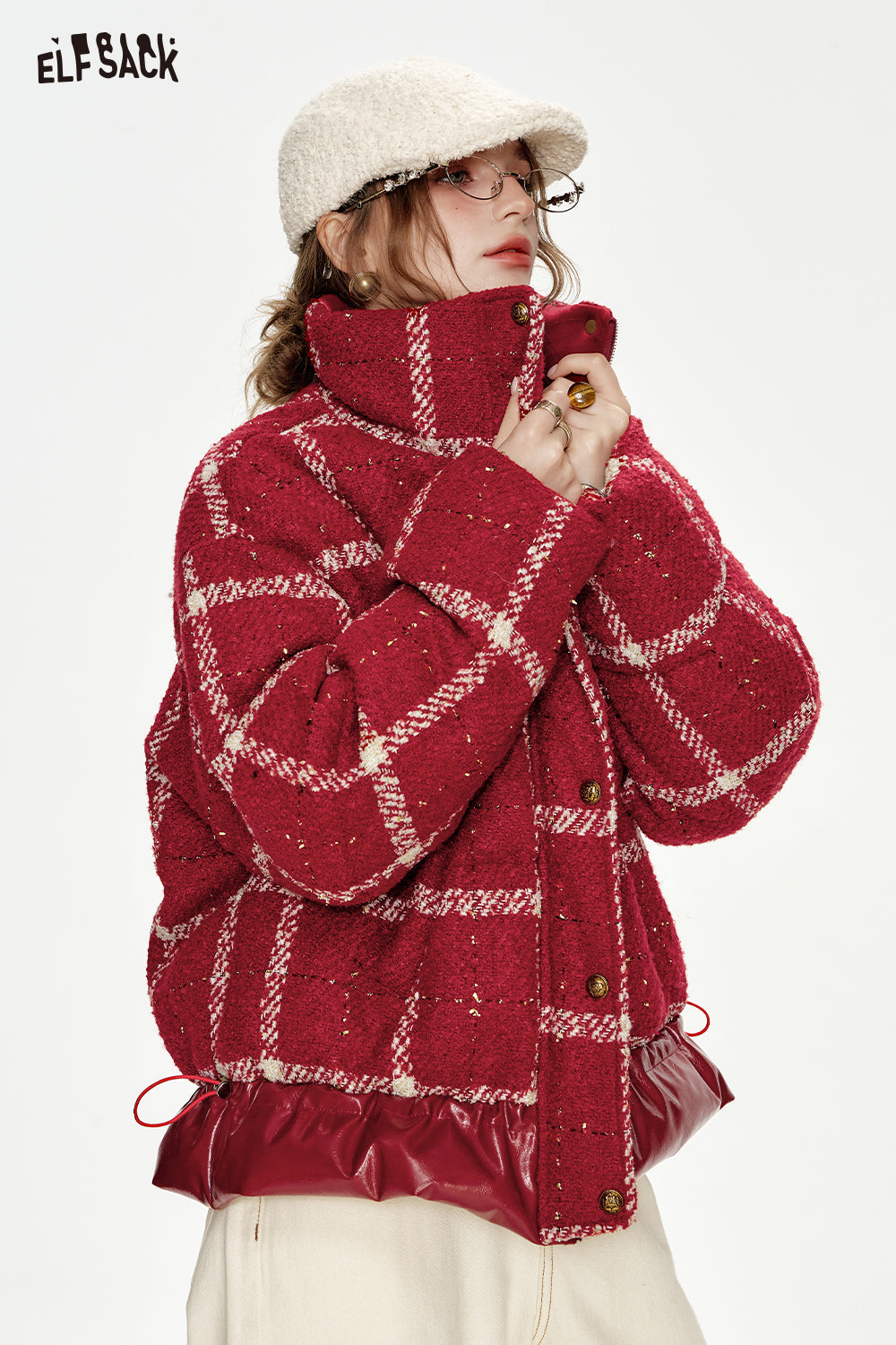 ELFSACK Year's Red Plaid PU Splicing Zipper Drawstring Short Down Jacket Women