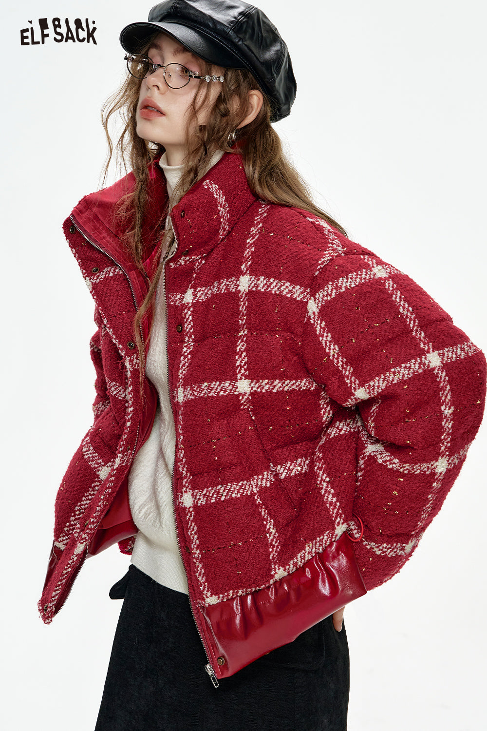 ELFSACK Year's Red Plaid PU Splicing Zipper Drawstring Short Down Jacket Women