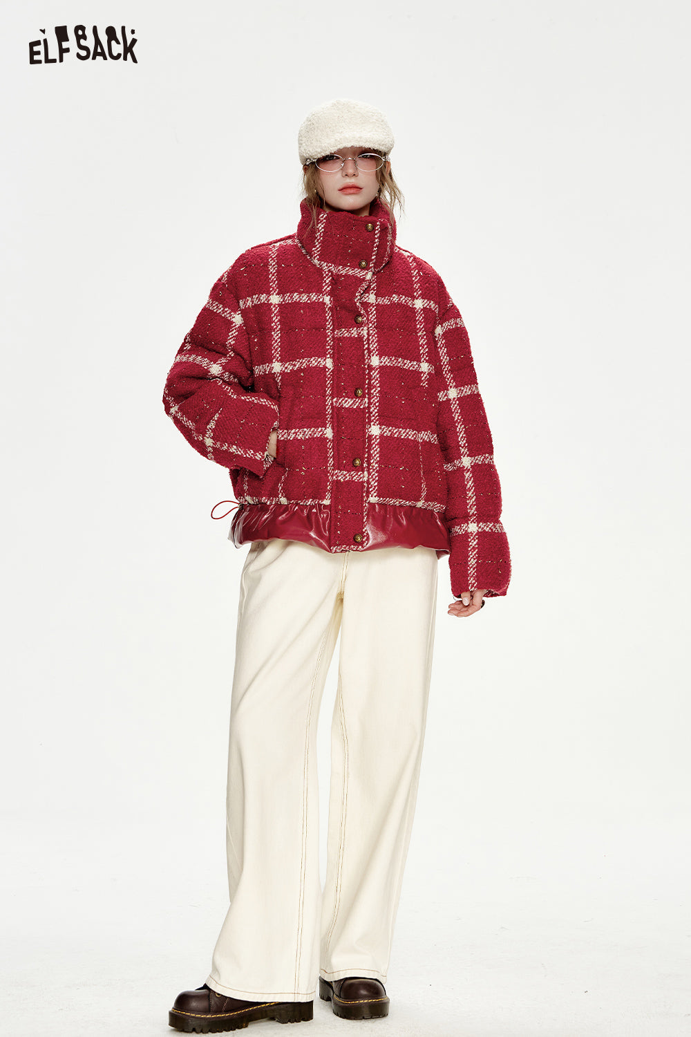 ELFSACK Year's Red Plaid PU Splicing Zipper Drawstring Short Down Jacket Women
