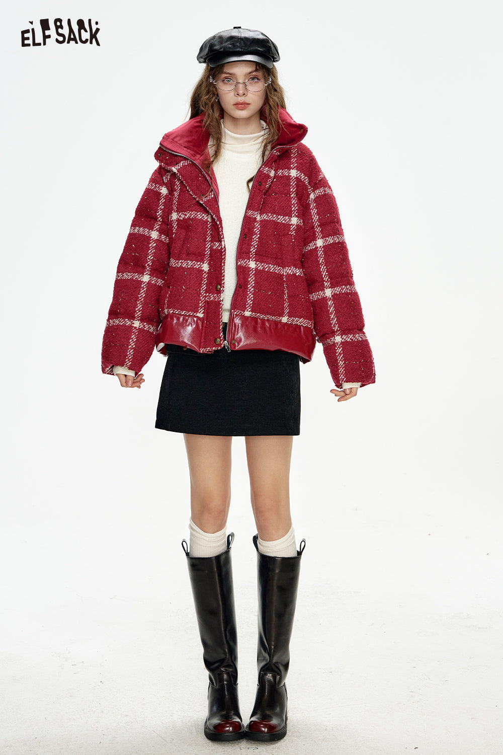 ELFSACK Year's Red Plaid PU Splicing Zipper Drawstring Short Down Jacket Women
