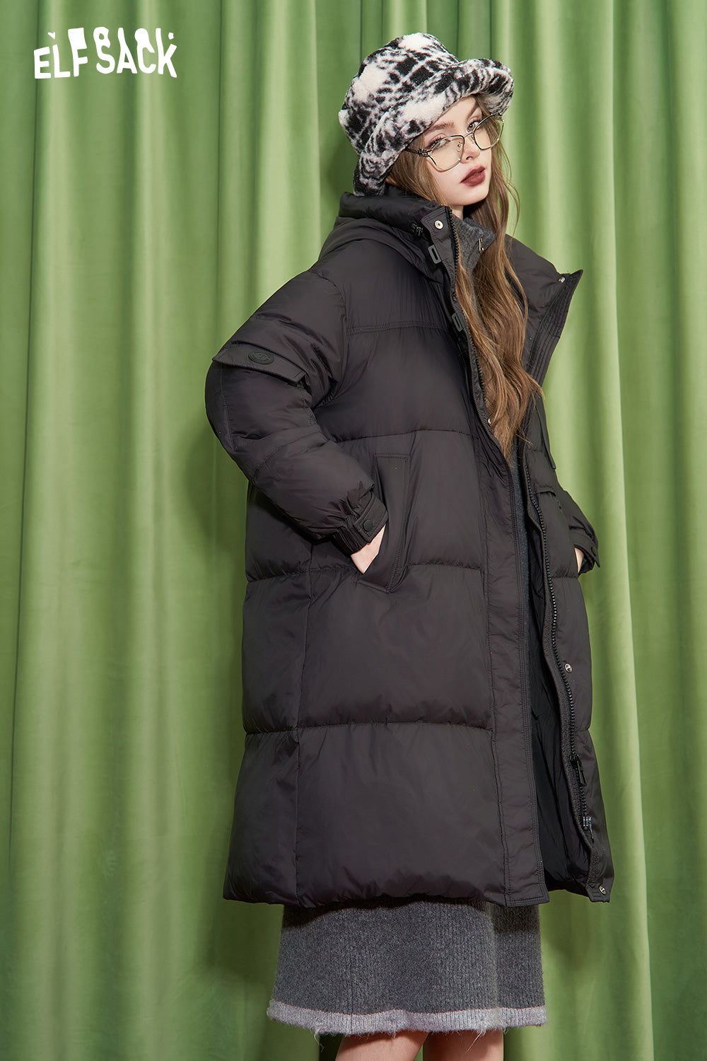 ELFSACK Retro simple mid-length hooded down jacket warm and thick