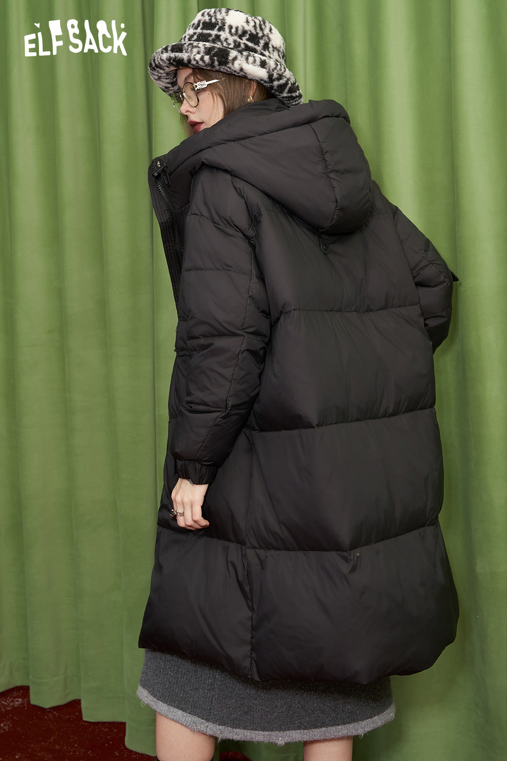 ELFSACK Retro simple mid-length hooded down jacket warm and thick