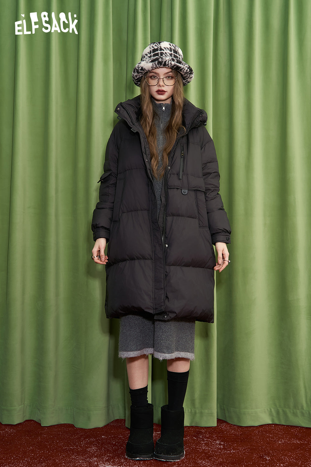 ELFSACK Retro simple mid-length hooded down jacket warm and thick