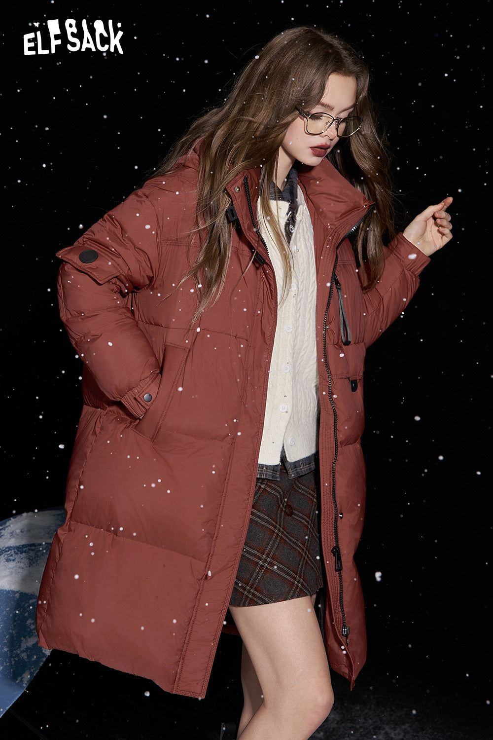 ELFSACK Retro simple mid-length hooded down jacket warm and thick