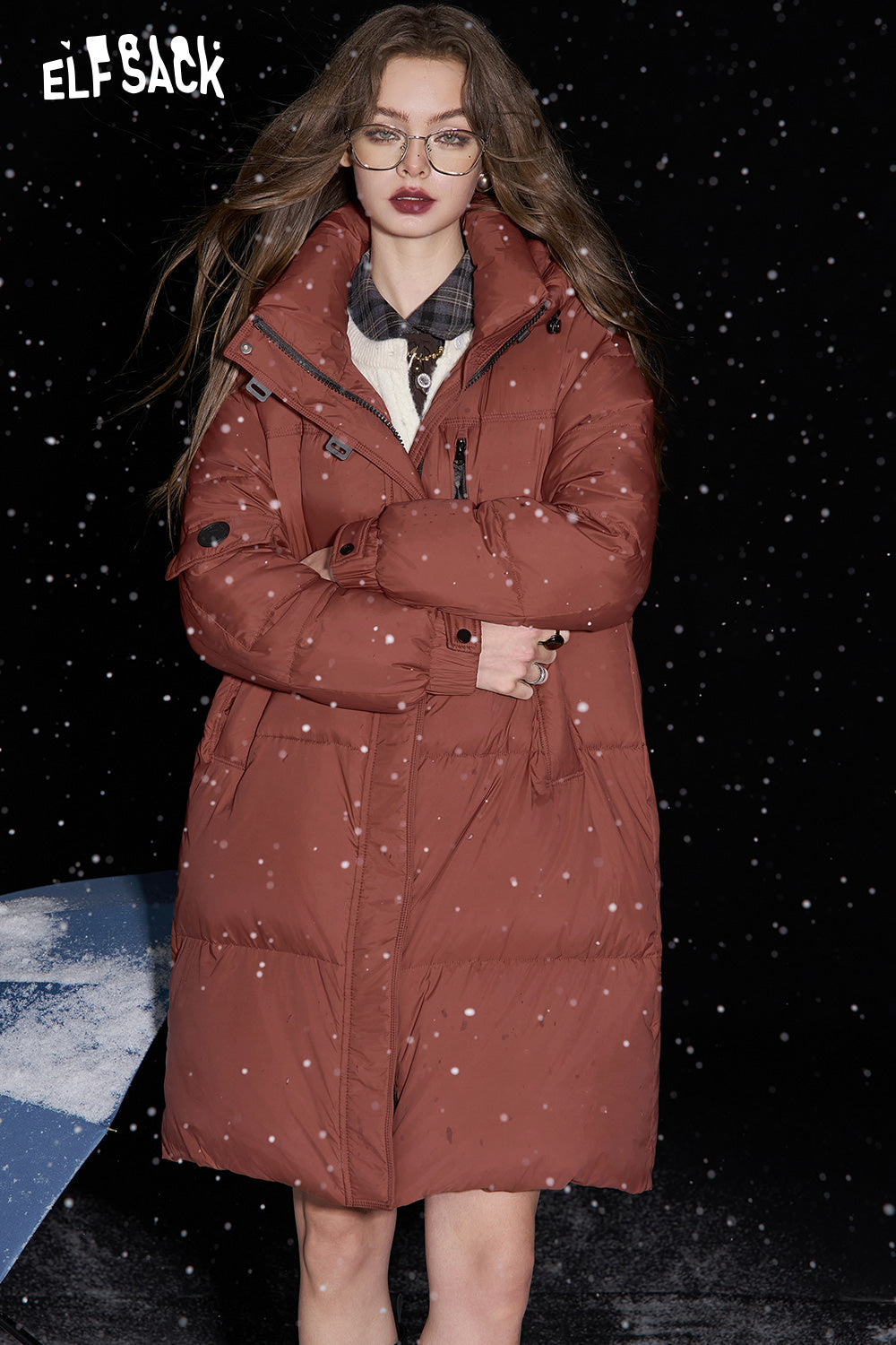 ELFSACK Retro simple mid-length hooded down jacket warm and thick