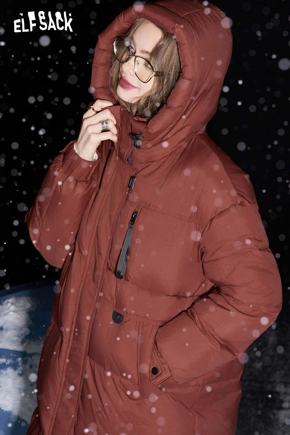 ELFSACK Retro simple mid-length hooded down jacket warm and thick