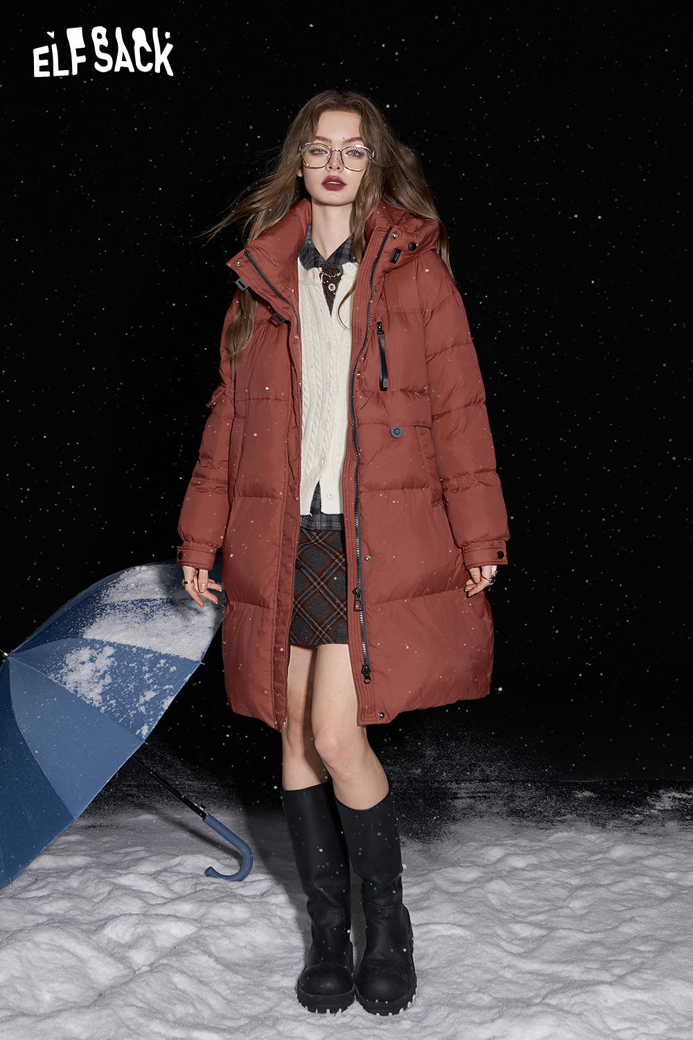 ELFSACK Retro simple mid-length hooded down jacket warm and thick