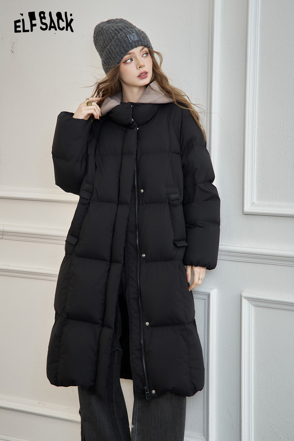 ELFSACK Women's mid-length hooded down jacket with knitted hood and raglan sleeves for warmth