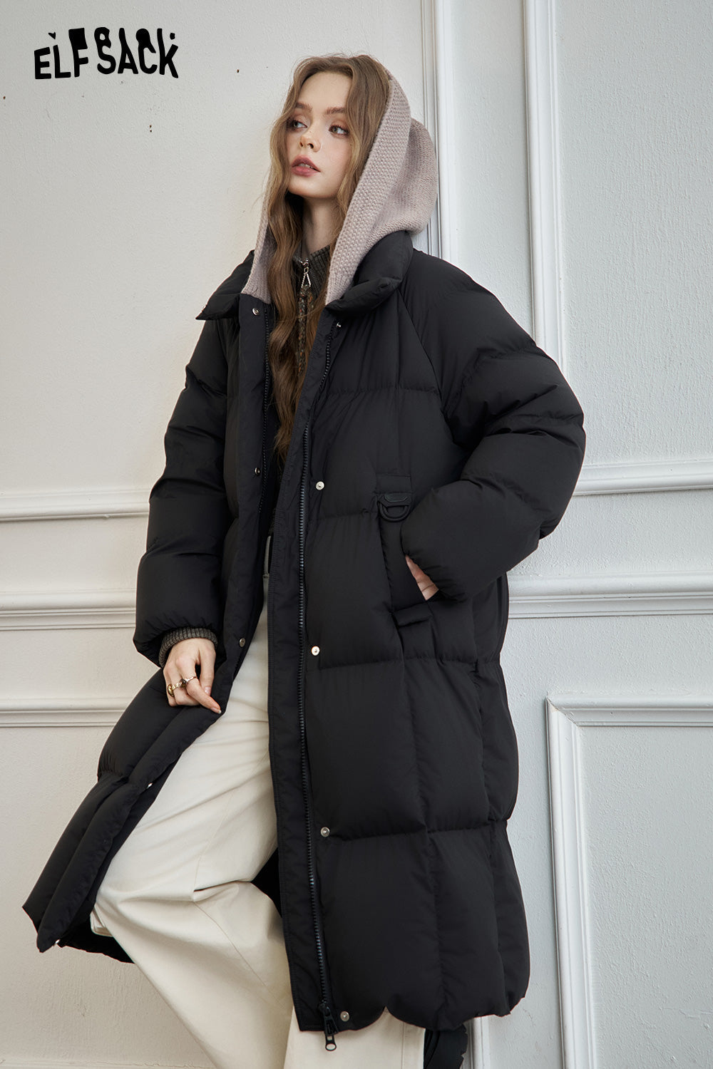 ELFSACK Women's mid-length hooded down jacket with knitted hood and raglan sleeves for warmth