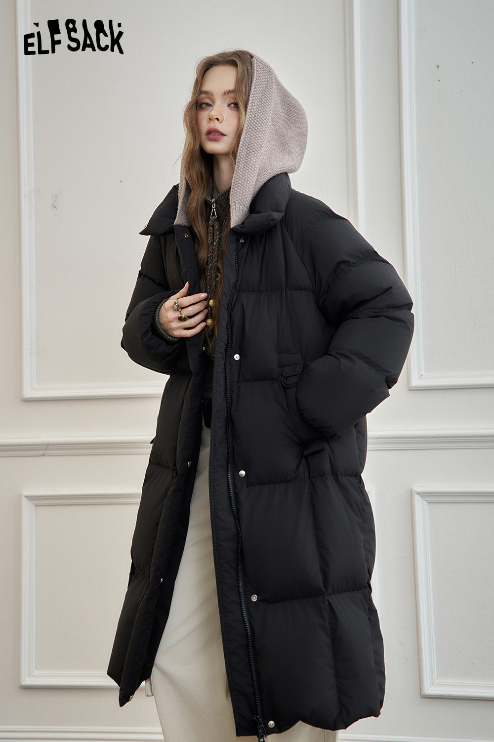 ELFSACK Women's mid-length hooded down jacket with knitted hood and raglan sleeves for warmth