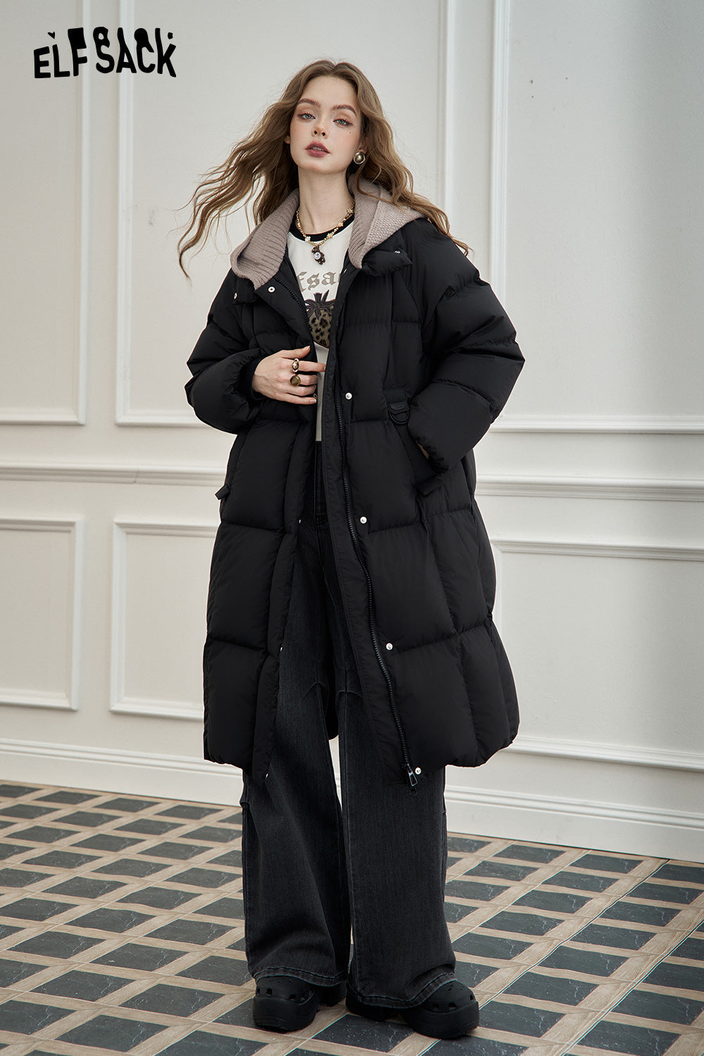 ELFSACK Women's mid-length hooded down jacket with knitted hood and raglan sleeves for warmth