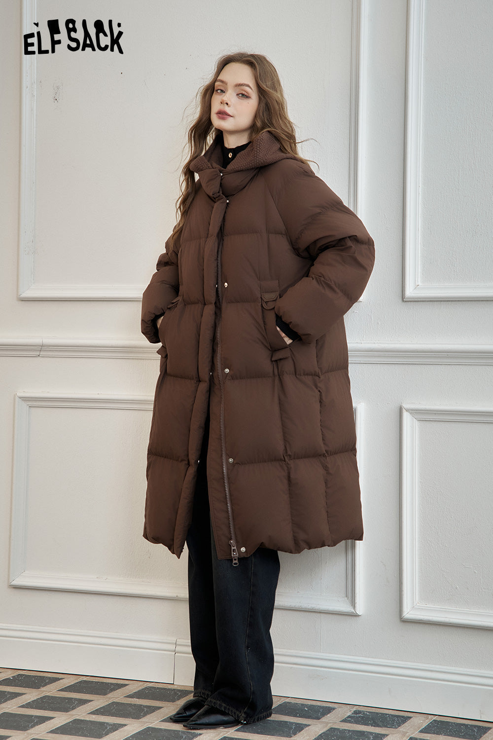ELFSACK Women's mid-length hooded down jacket with knitted hood and raglan sleeves for warmth