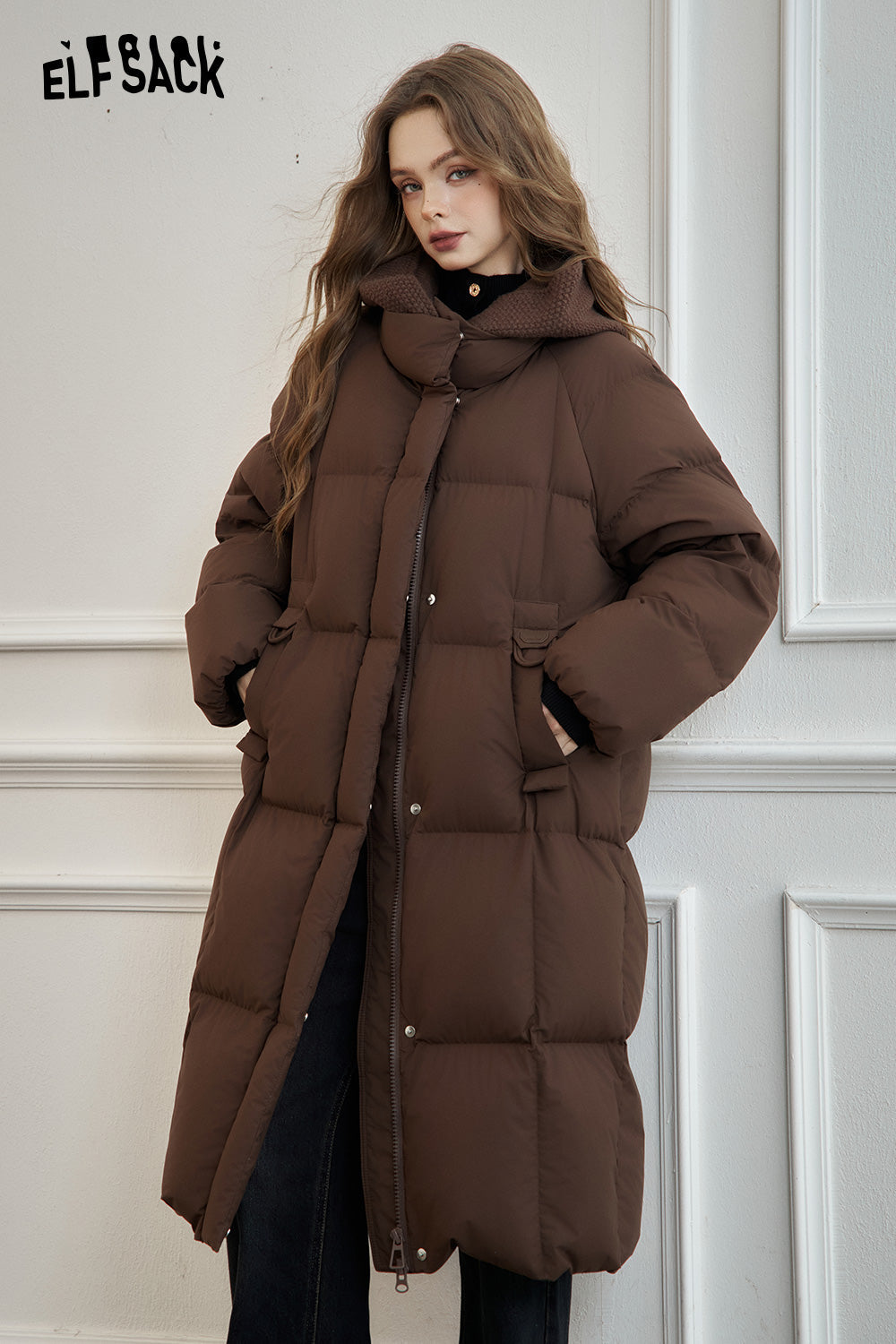 ELFSACK Women's mid-length hooded down jacket with knitted hood and raglan sleeves for warmth