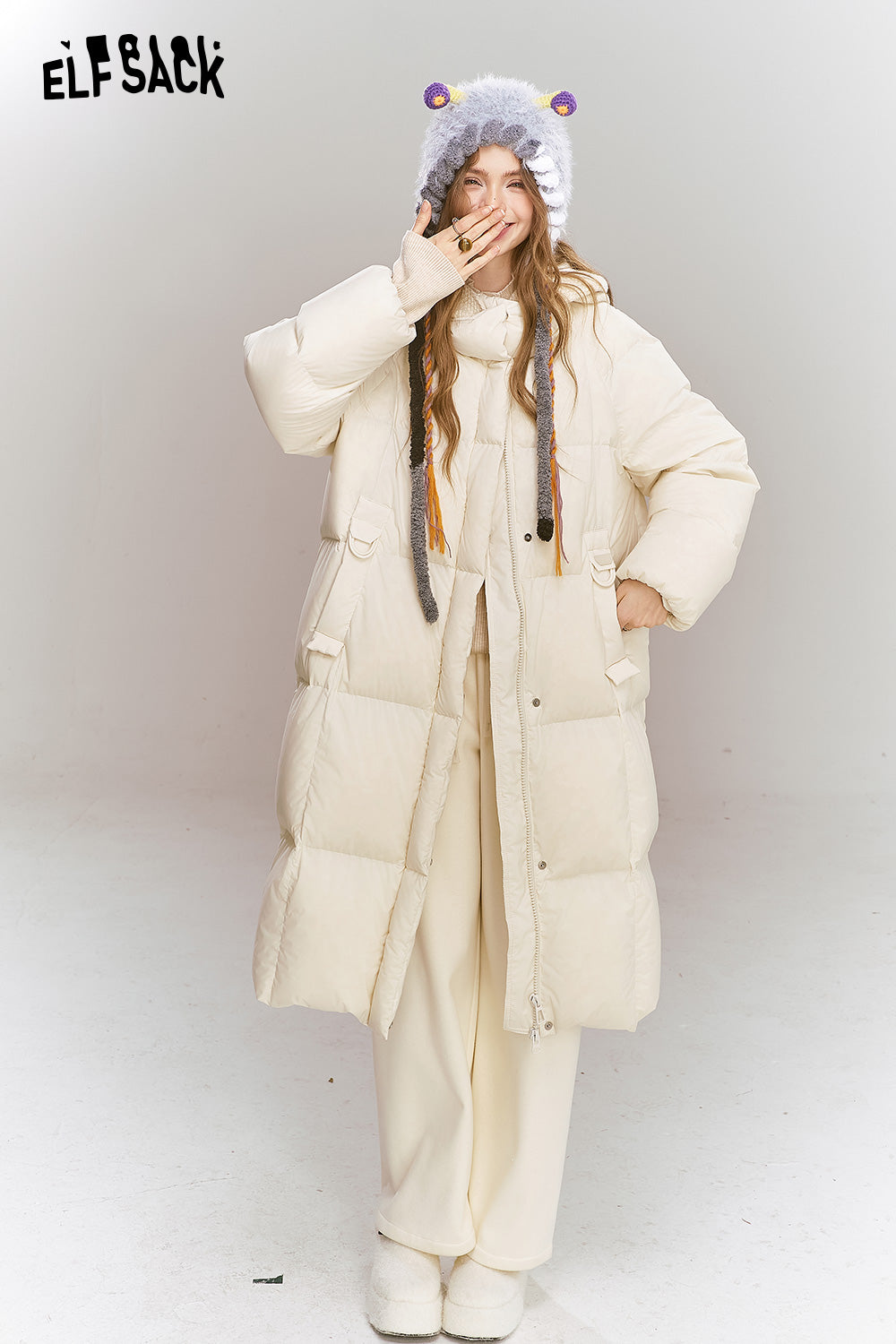 ELFSACK Women's mid-length hooded down jacket with knitted hood and raglan sleeves for warmth