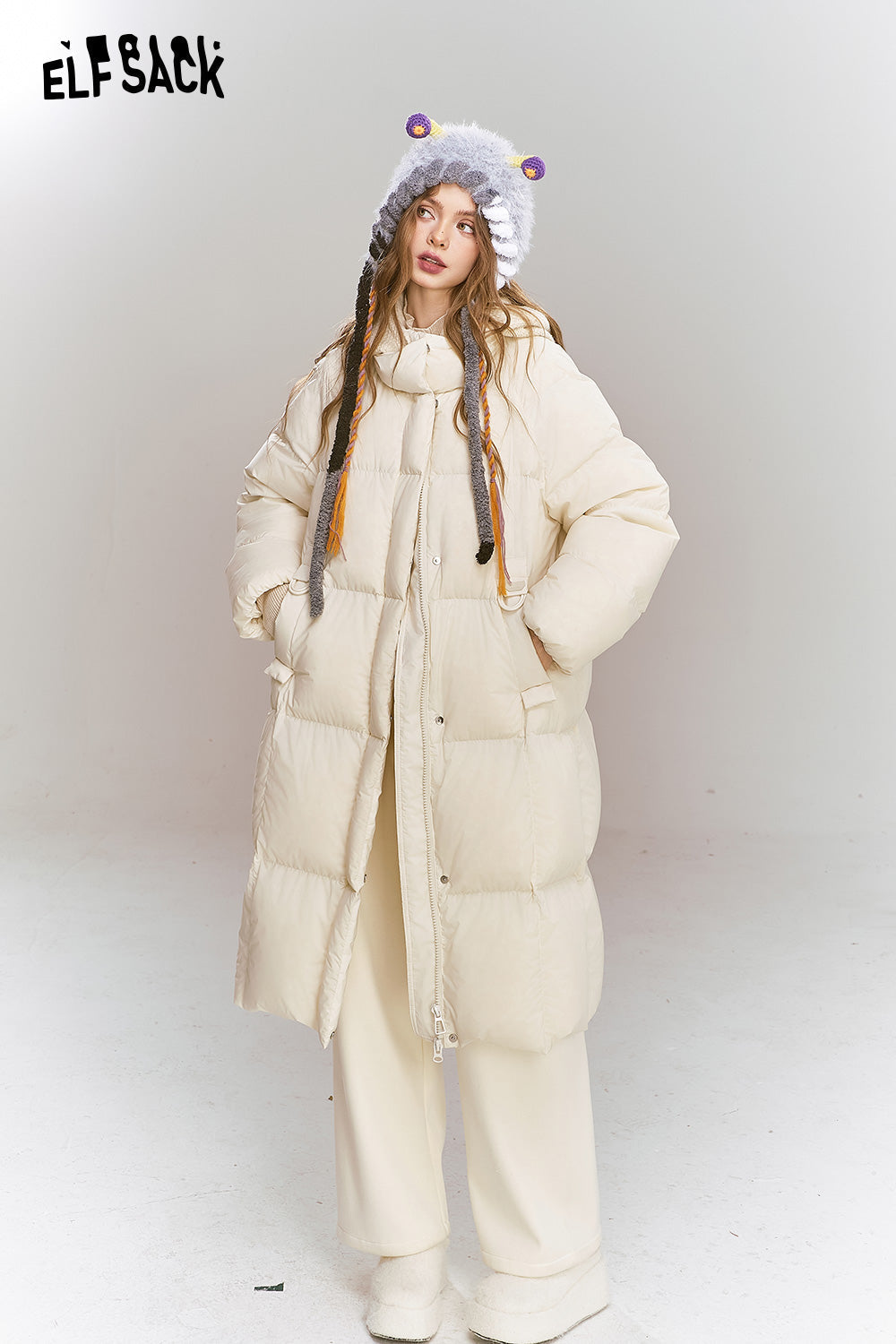 ELFSACK Women's mid-length hooded down jacket with knitted hood and raglan sleeves for warmth