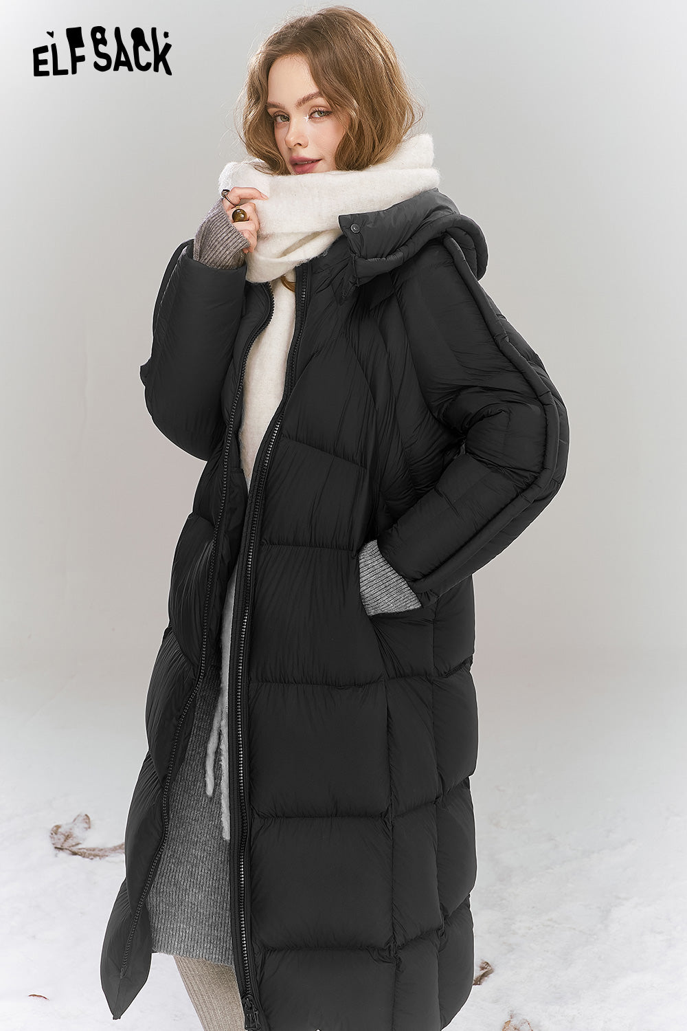 ELFSACK Simple long hooded down jacket Zipper thick warm coat
