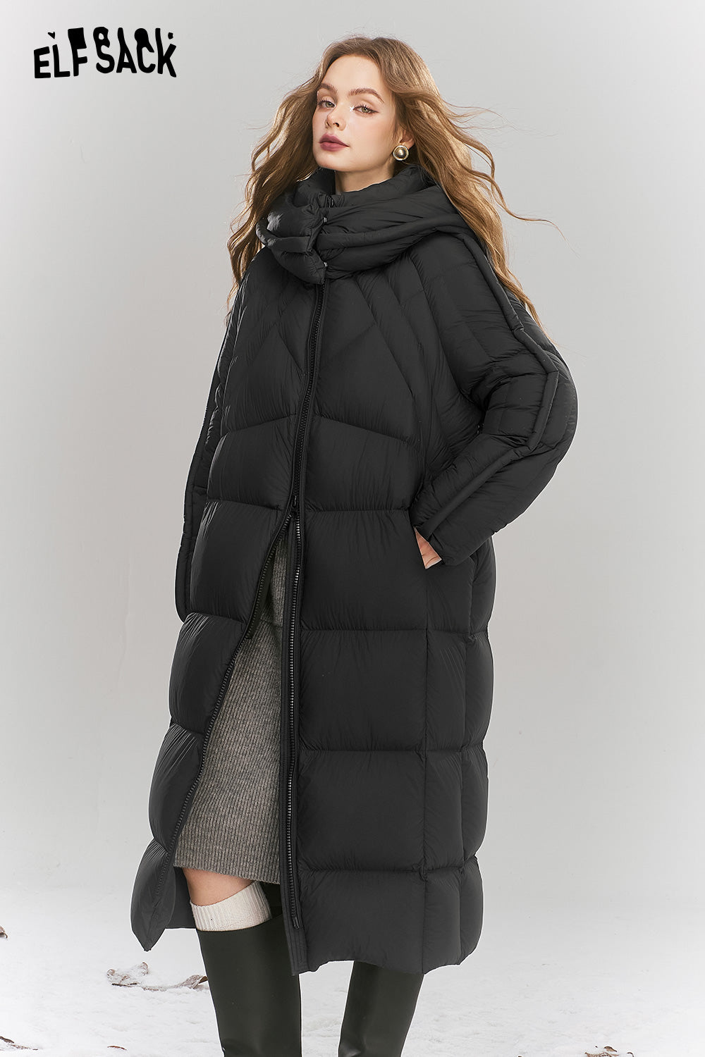 ELFSACK Simple long hooded down jacket Zipper thick warm coat