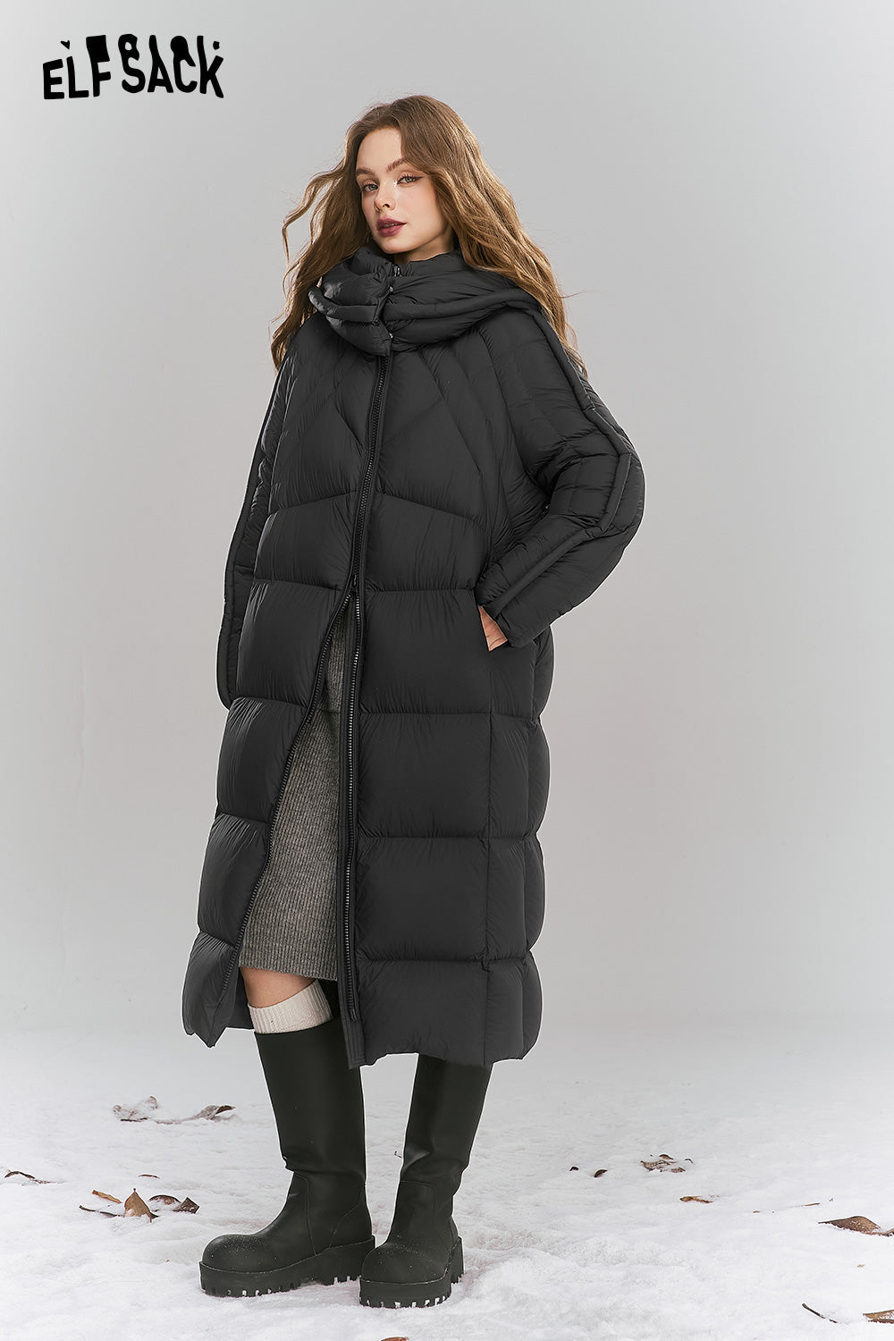 ELFSACK Simple long hooded down jacket Zipper thick warm coat