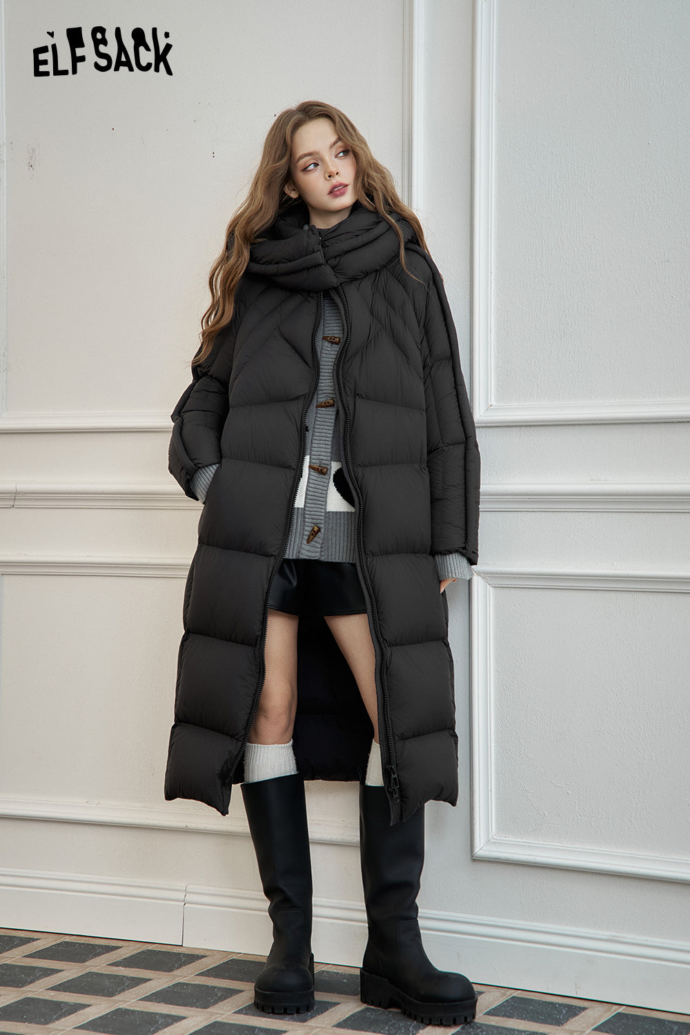 ELFSACK Simple long hooded down jacket Zipper thick warm coat