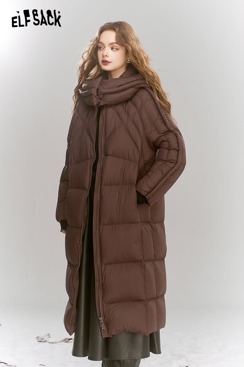 ELFSACK Simple long hooded down jacket Zipper thick warm coat