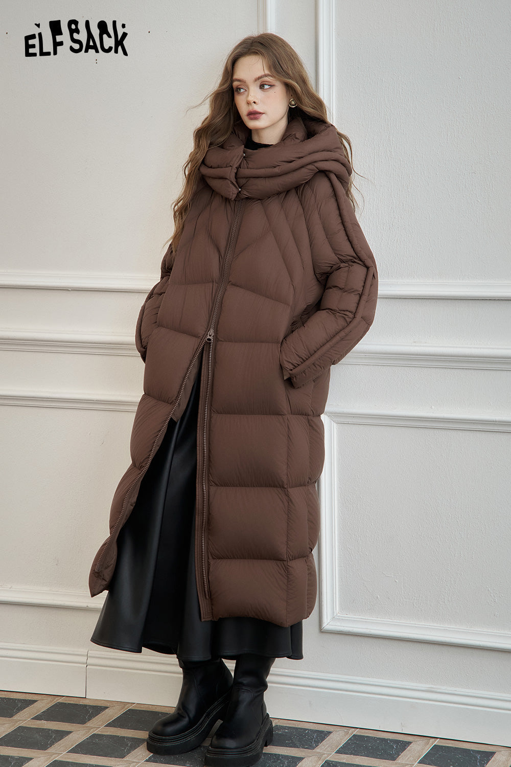 ELFSACK Simple long hooded down jacket Zipper thick warm coat