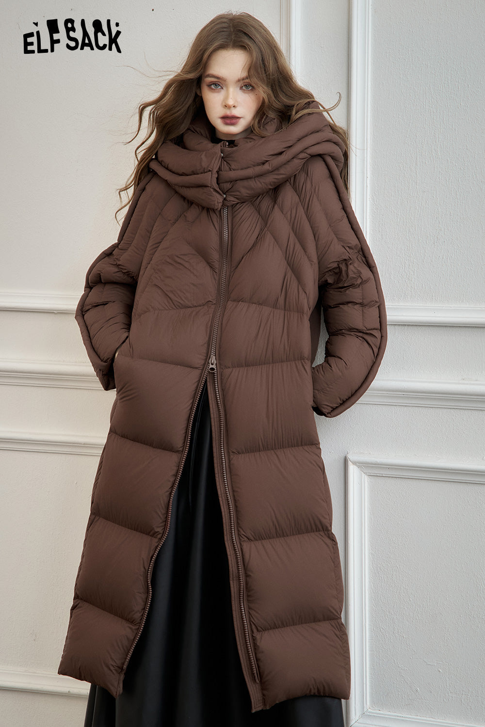 ELFSACK Simple long hooded down jacket Zipper thick warm coat