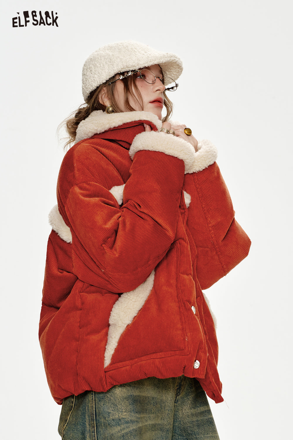ELFSACK Year white plush stitching red down jacket women