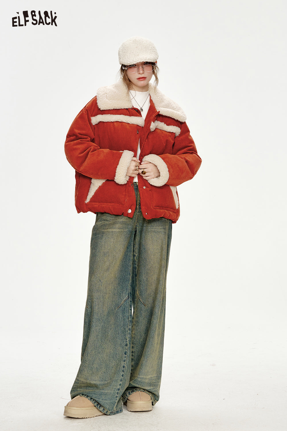 ELFSACK Year white plush stitching red down jacket women