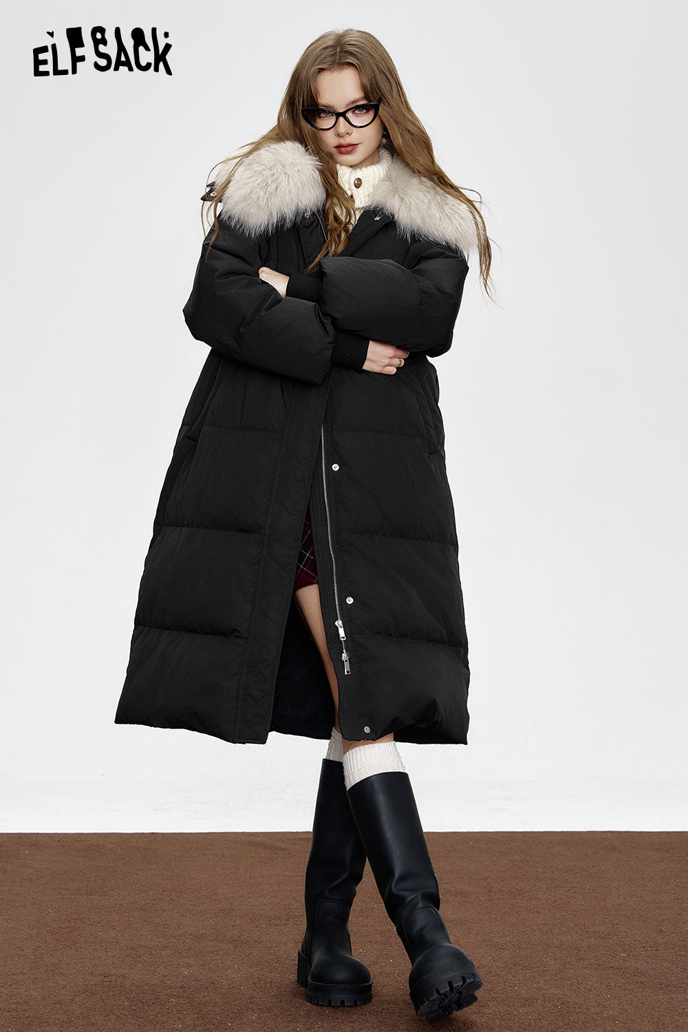 ELFSACK Black mid-length down jacket Fake fur collar waist elegant coat