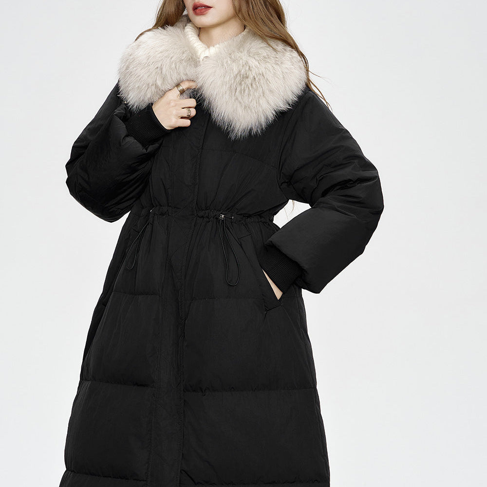 ELFSACK 2024 Winter New Arrivals Black mid-length down jacket for women Fake fur collar waist elegant coat