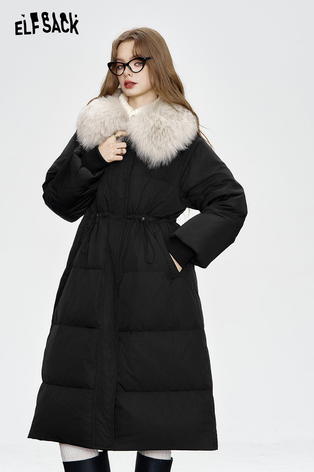 ELFSACK Black mid-length down jacket Fake fur collar waist elegant coat