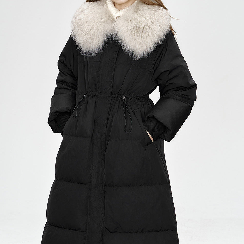 
                  
                    ELFSACK 2024 Winter New Arrivals Black mid-length down jacket for women Fake fur collar waist elegant coat
                  
                